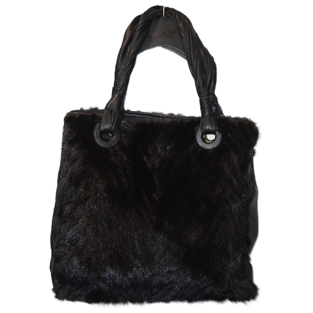 Paolo Masi Italy Brown Mink Fur Leather Tote Bag Twisted Handle Handbag 13x13x4